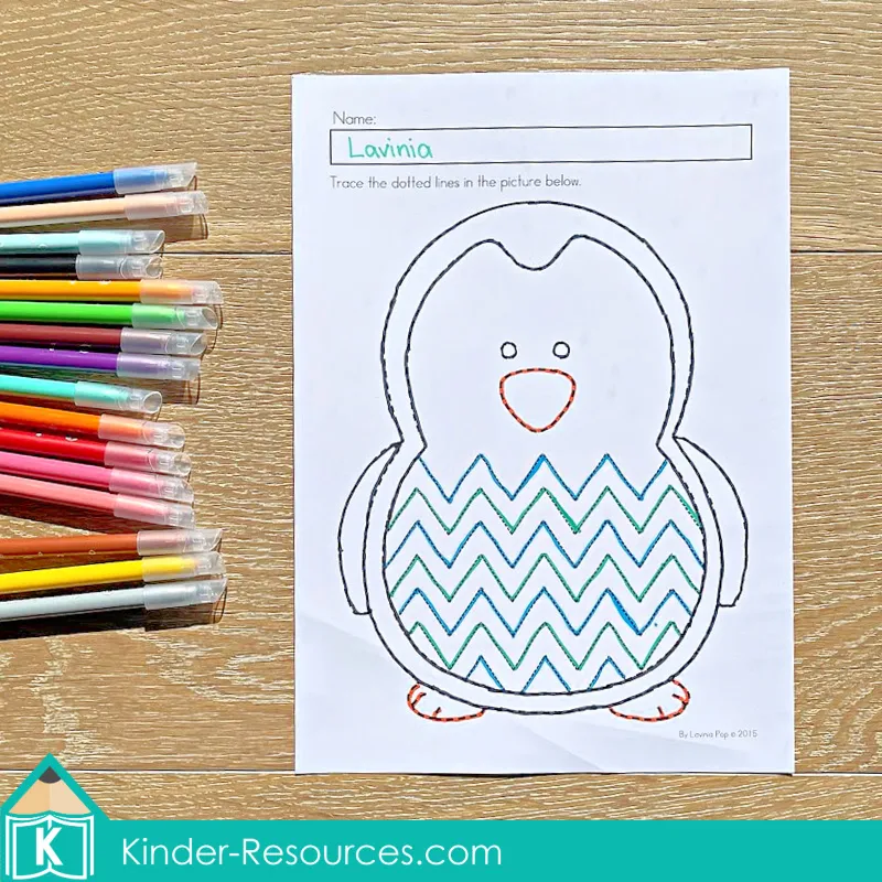 Winter Preschool No Prep Worksheets & Activities penguin tracing page with curved and zigzag lines for fine motor practice