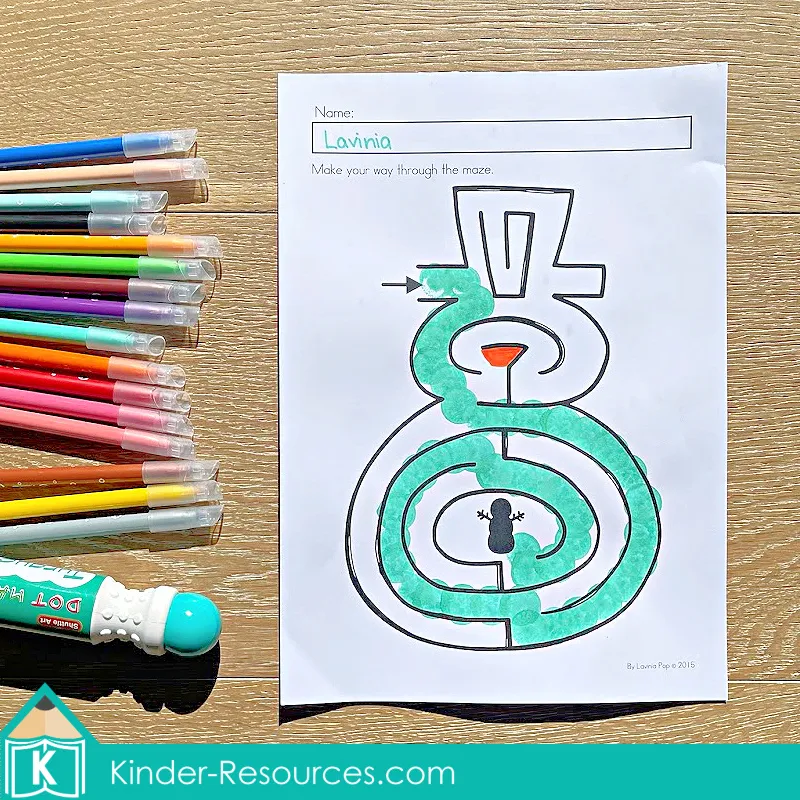 Winter Preschool No Prep Worksheets & Activities maze activity with a snowman path for visual tracking and problem solving