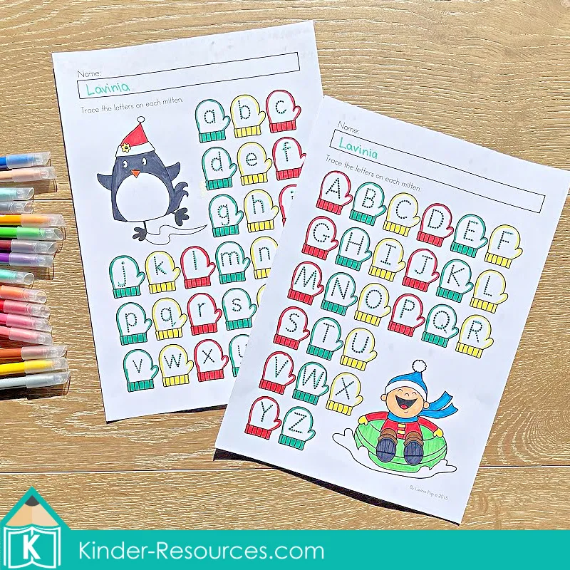Winter Preschool No Prep Worksheets & Activities alphabet tracing page with uppercase and lowercase letters on mitten shapes