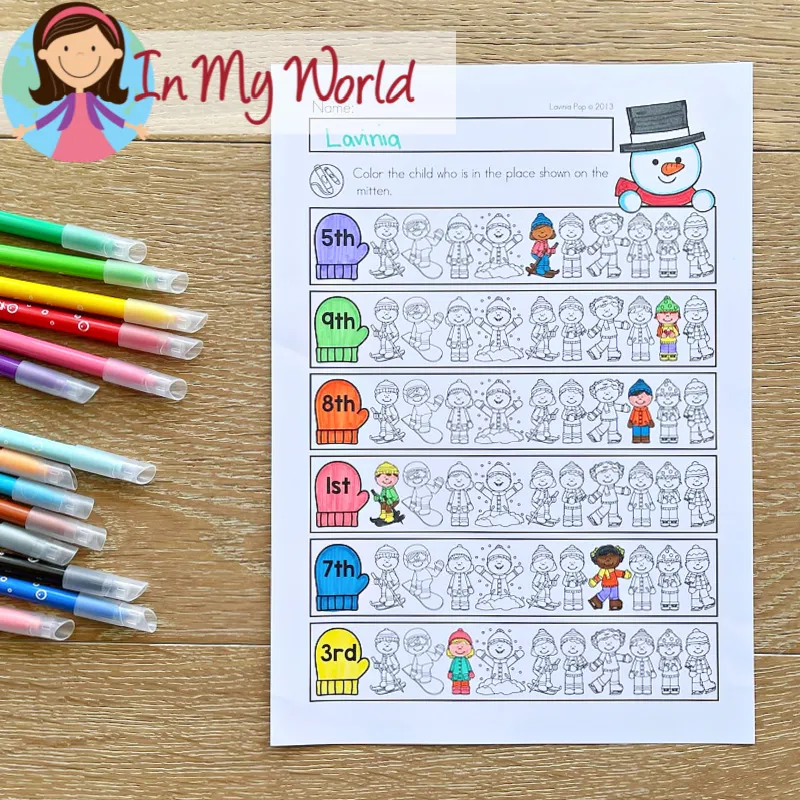 Winter Kindergarten Math Worksheets and Activities ordinal numbers coloring activity