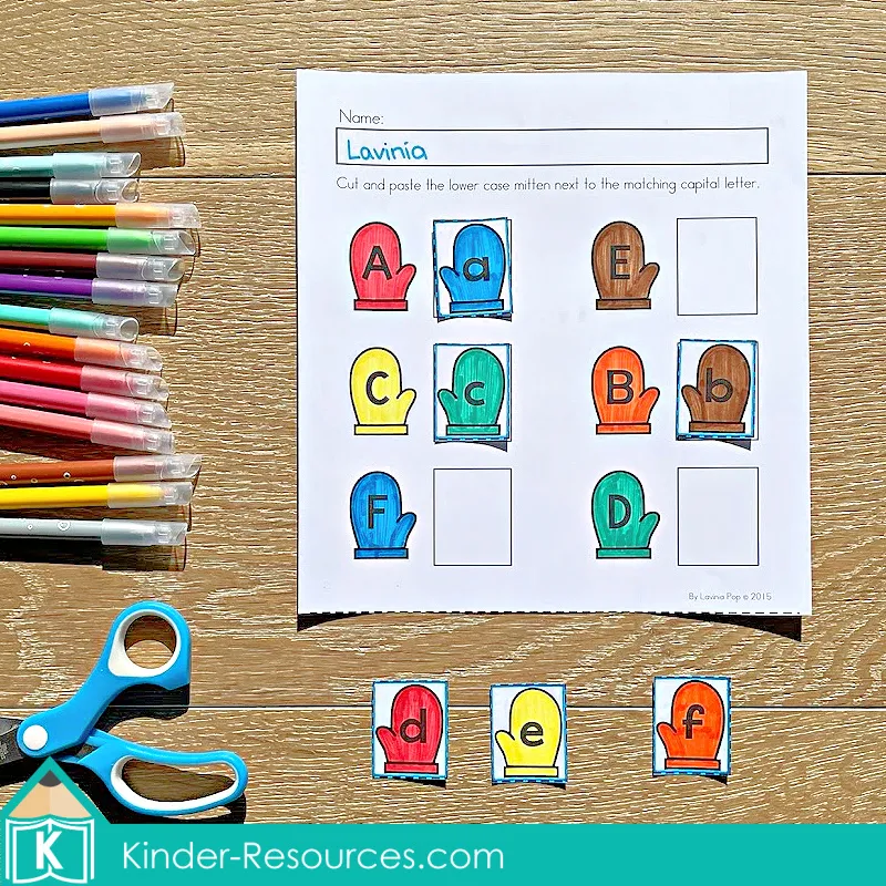 Winter Preschool No Prep Worksheets & Activities cut and paste letter matching worksheet with uppercase and lowercase mitten letters