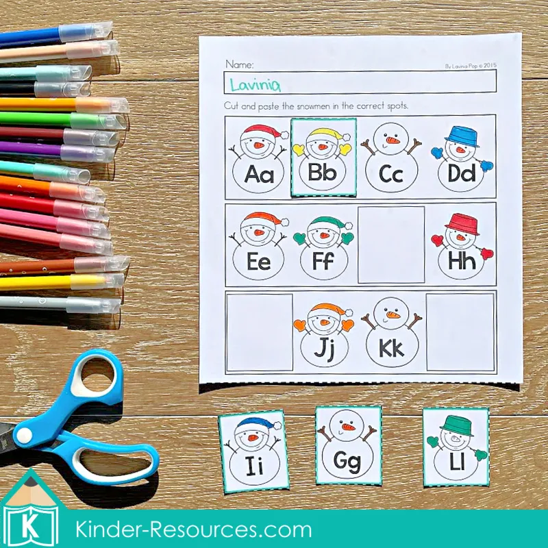 Winter Preschool No Prep Worksheets & Activities missing letters worksheet with snowman alphabet sequence practice