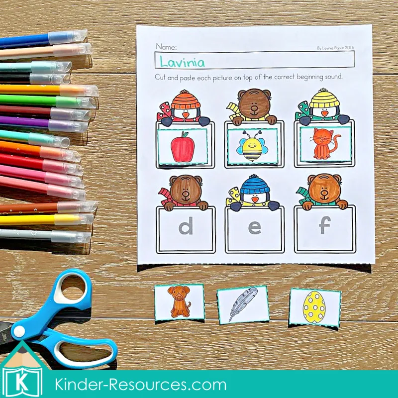 Winter Preschool No Prep Worksheets & Activities beginning sounds worksheet with picture matching for early phonics practice