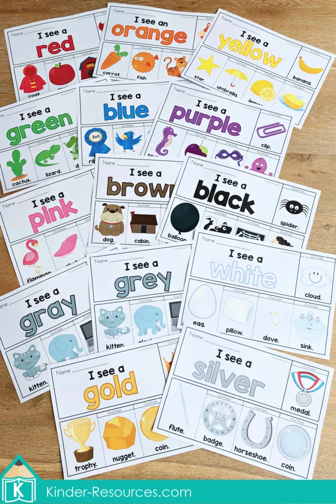 Colors Flip Book Emergent Readers complete color set with red, orange, yellow, green, blue, purple, pink, brown, black, gray, white, gold, and silver booklets.