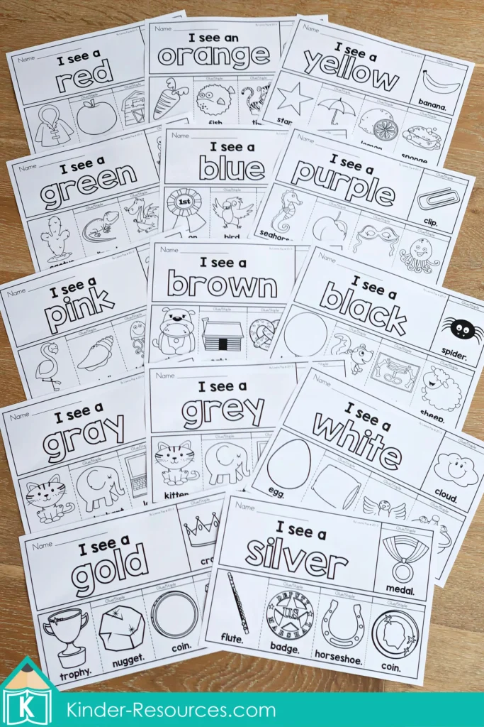 Colors Flip Book Emergent Readers full black and white set featuring all thirteen color themed booklets for early readers.