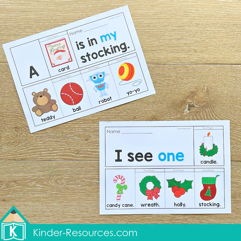 Christmas Sight Word Fluency Flip Books printed pages featuring the sentence “A ___ is in my stocking” with toy options and “I see one” with Christmas vocabulary such as candy cane, wreath, holly, and stocking.