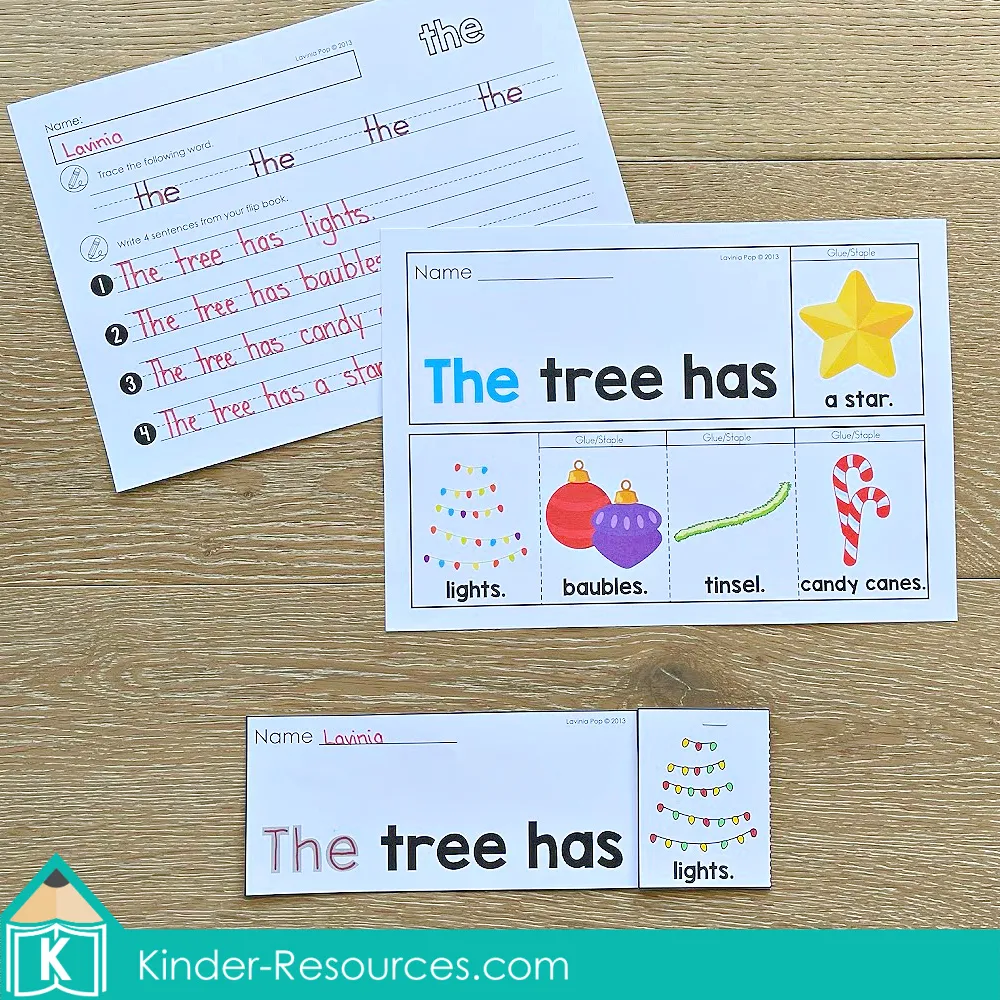 Christmas Sight Word Fluency Flip Books printed pages for the sight word “the,” featuring Christmas tree decorations such as lights, baubles, tinsel, and candy canes with a coordinating handwriting and writing practice sheet.