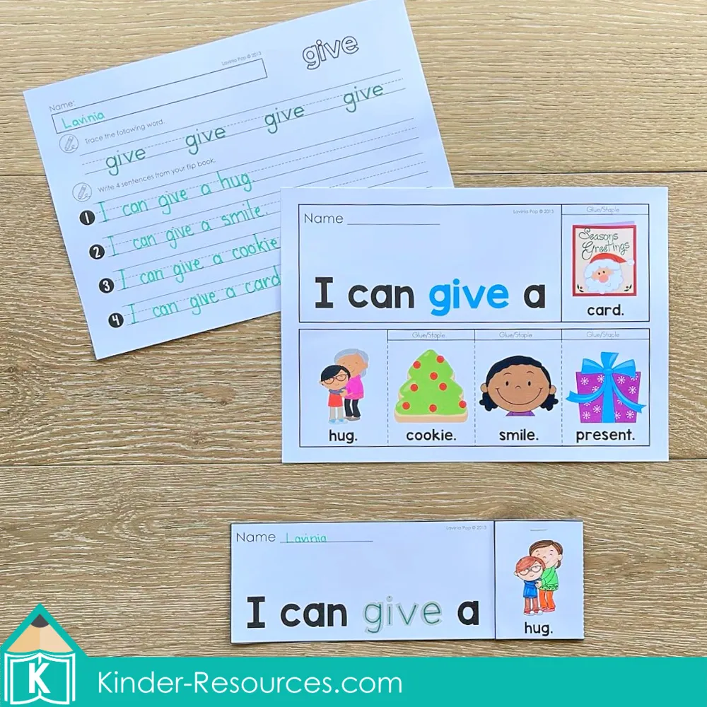 Christmas Sight Word Fluency Flip Books printed pages and recording sheet for the sight word “give,” featuring sentence options hug, cookie, smile, and present for early writing and fluency practice.