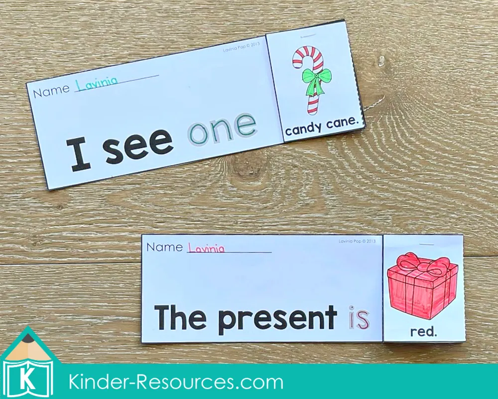 Student completed Christmas Sight Word Fluency Flip Books including “I see one candy cane” and “The present is red,” highlighting tracing, coloring, and emergent reader sentence building.