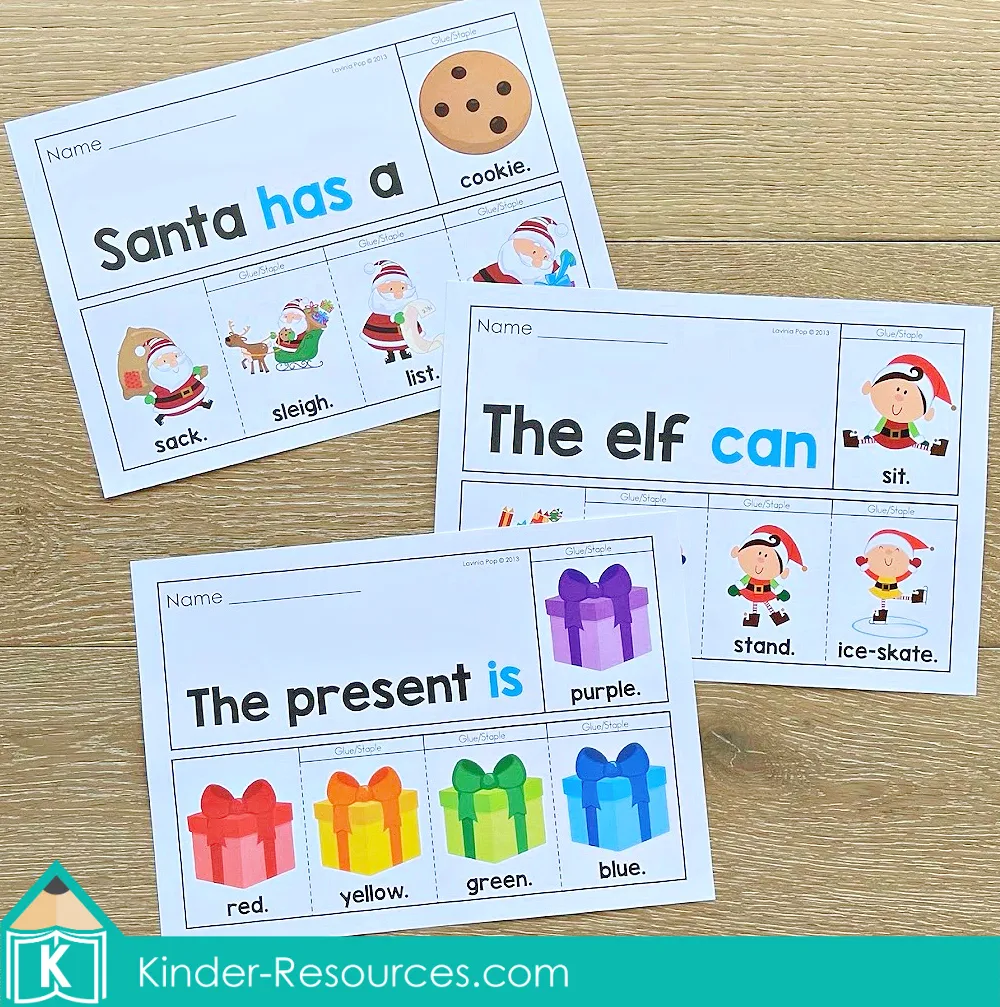 Printed pages from the Christmas Sight Word Fluency Flip Books including Santa has a cookie, the elf can sit, and the present is purple, designed for kindergarten reading, tracing, and fluency practice.