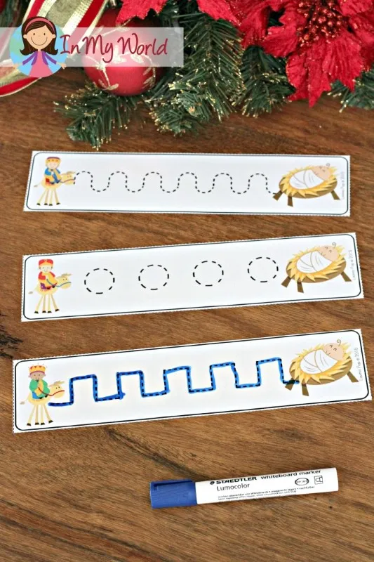 Pre writing Christmas cards from the Christmas Nativity Centers for Preschool with left to right tracing paths for early pencil control.