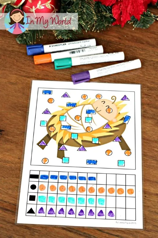Count and graph activity from the Christmas Nativity Centers for Preschool with a Baby Jesus mat where children count shapes and record totals on a graphing grid.