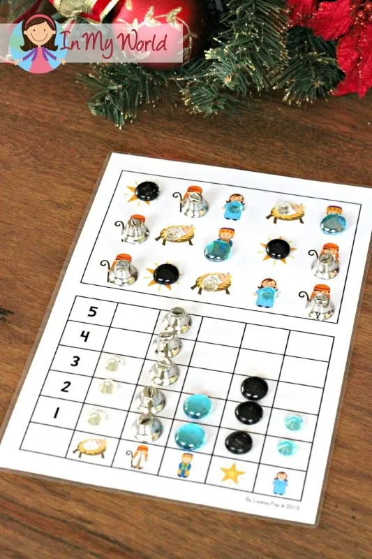 Count and graph mat from the Christmas Nativity Centers for Preschool with nativity themed pictures and a graphing grid for recording quantities using counters.