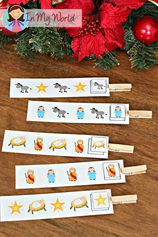 Christmas patterning cards from the Christmas Nativity Centers for Preschool for AB, ABB, and ABC pattern completion using picture clips.