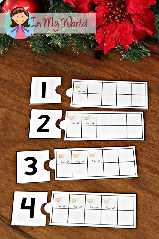 Ten frame sheep puzzle activity from the Christmas Nativity Centers for Preschool for matching numerals to ten frame quantities.