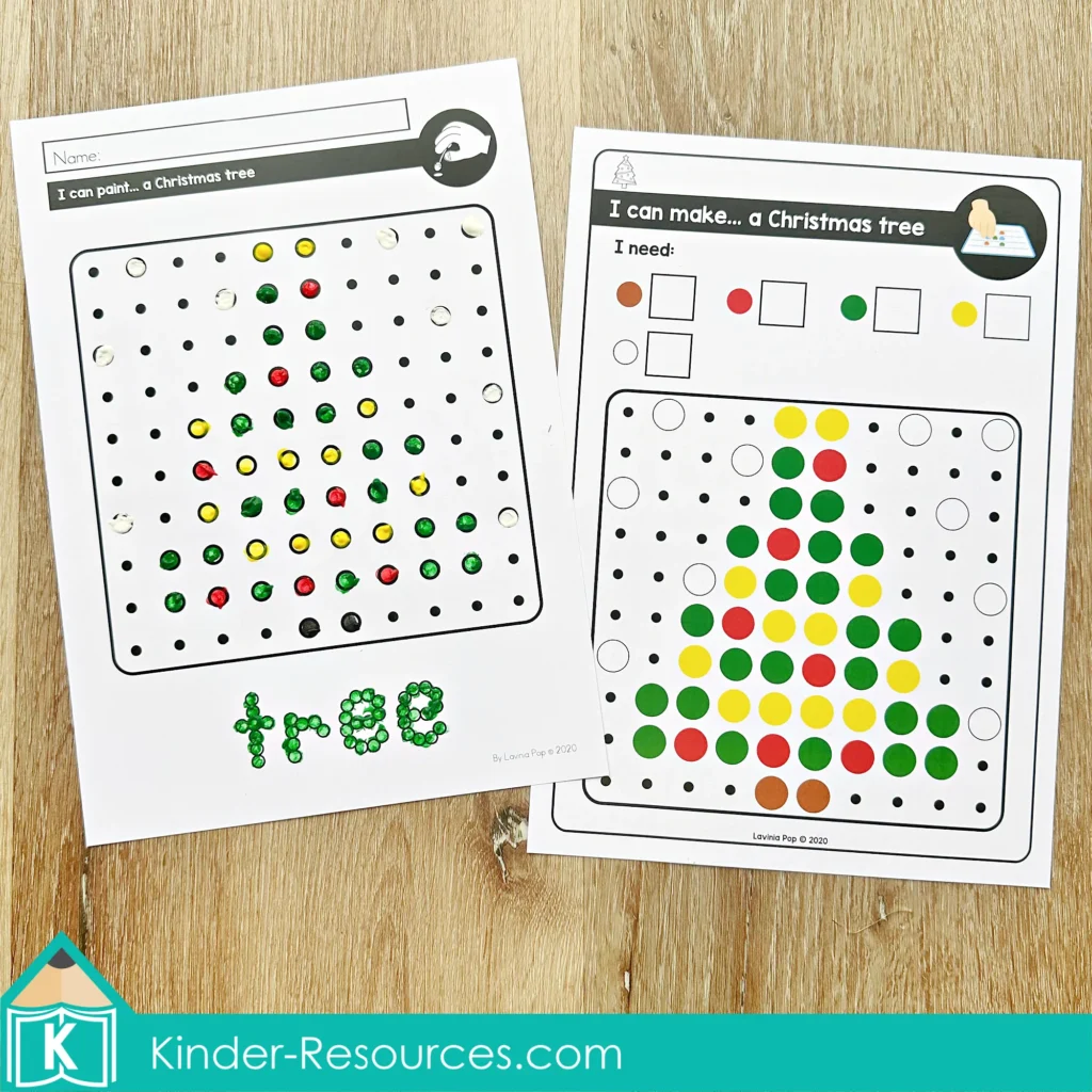 Christmas pegboard mosaic puzzle Christmas tree shown on a pegboard template beside a completed dot art painting version.