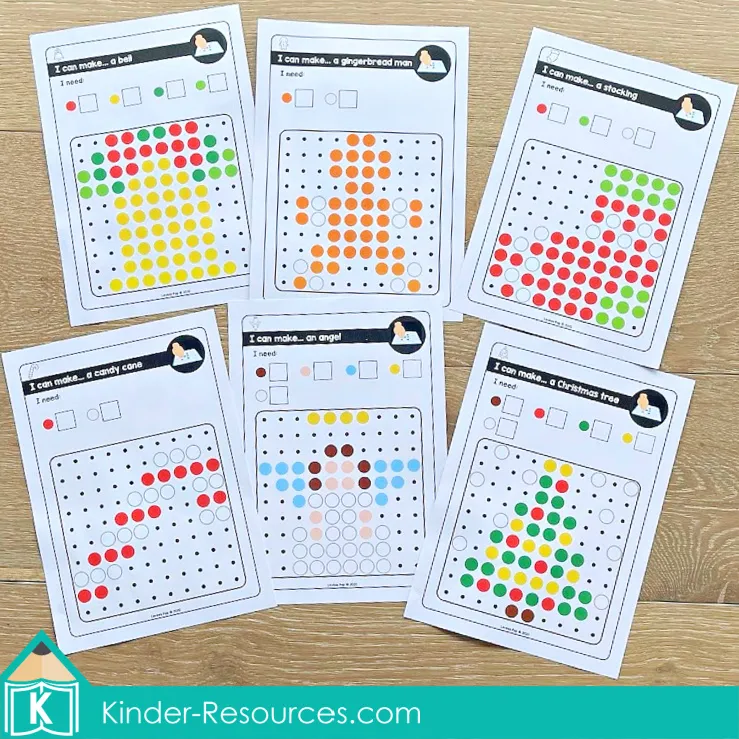 Christmas pegboard mosaic puzzle designs including bell, gingerbread man, stocking, candy cane, angel, and Christmas tree on small pegboards.