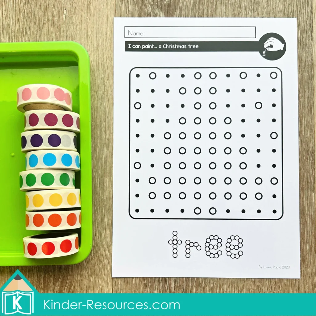 Christmas pegboard mosaic puzzle blank dot painting worksheet for a Christmas tree alongside rolls of round color dot stickers.
