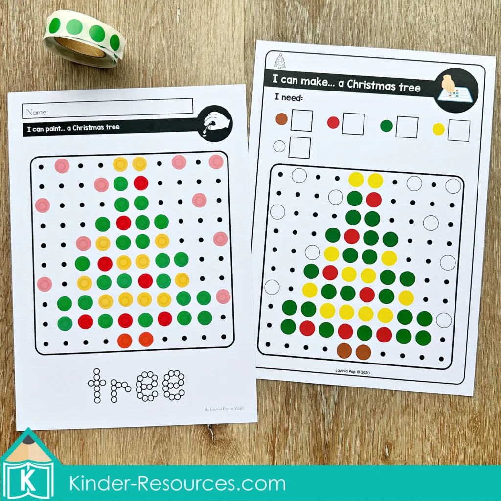 Christmas pegboard mosaic puzzle Christmas tree activity with dot painting worksheet and pegboard color task card