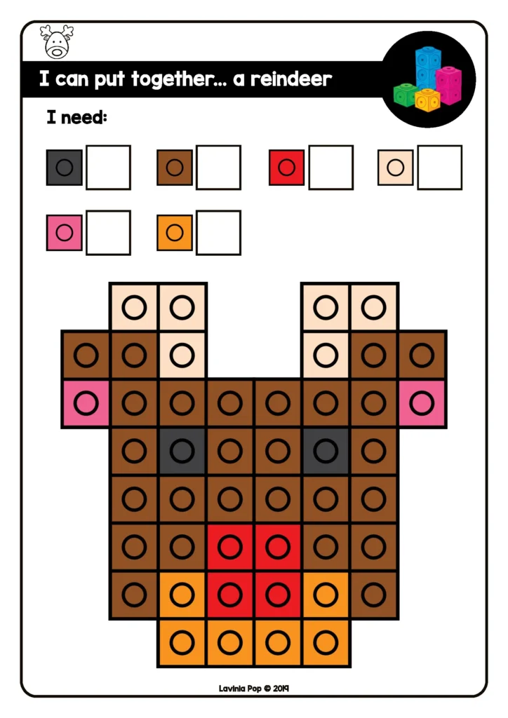 Free December Fine Motor counting cube reindeer task card for preschool and kindergarten color matching and cube building.