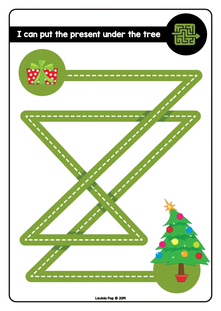 Free December Fine Motor Christmas maze activity guiding a present to the tree for tracing practice and fine motor control.