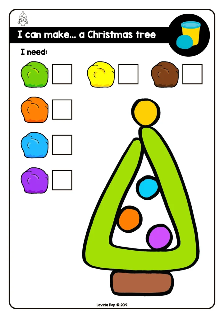 Free December Fine Motor play dough Christmas tree mat for preschool and kindergarten fine motor strengthening with color coded dough pieces.