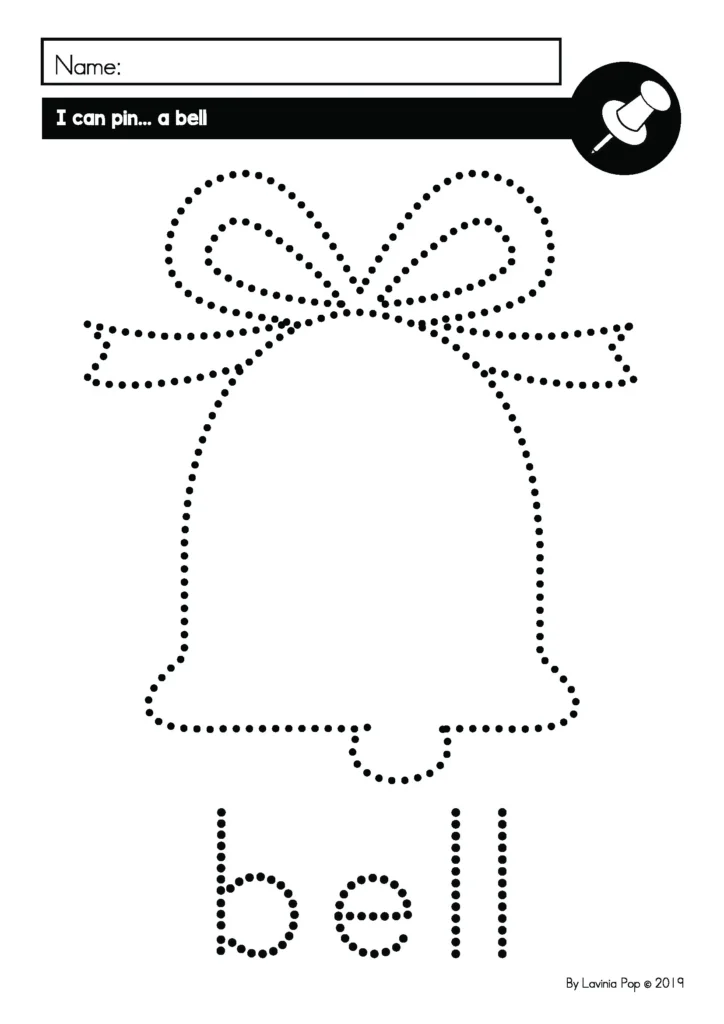 Free December Fine Motor pokey pin bell picture for preschool and kindergarten pinning practice with dotted outline and the word “bell.”