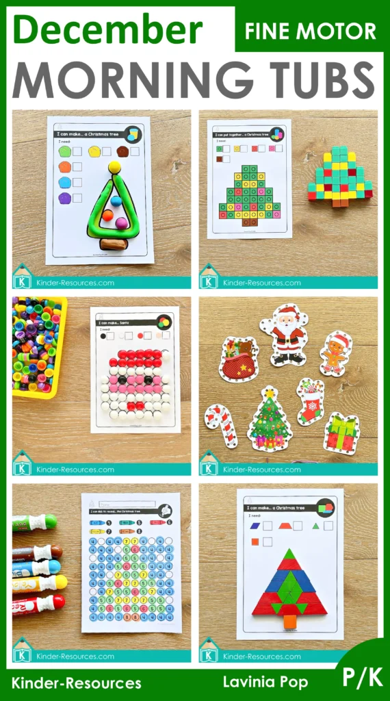 16 December fine motor morning tubs collection with Christmas themed activities such as play dough building mats, counting cube cards, dot marker pages, lacing cards, and pom pom pictures for Preschool Fine Motor Printable Activities for December