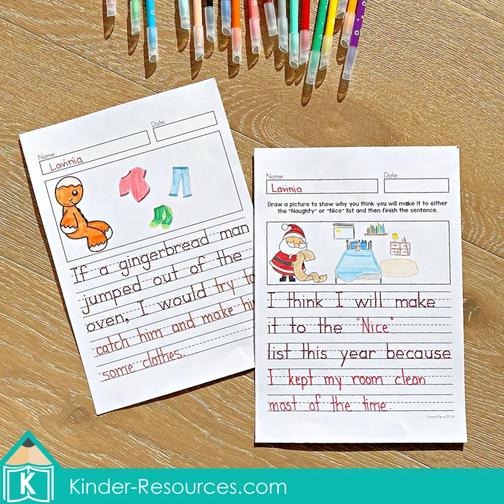 December Writing Journal Prompts student samples including a gingerbread narrative writing page and a naughty or nice opinion writing page.