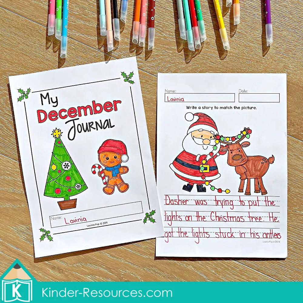 December Writing Journal Prompts student work with a decorated journal cover and a finished Christmas story about Santa and his reindeer.