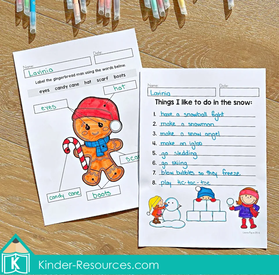 December Writing Journal Prompts student samples including a labeled gingerbread man and a winter activities list with eight items.