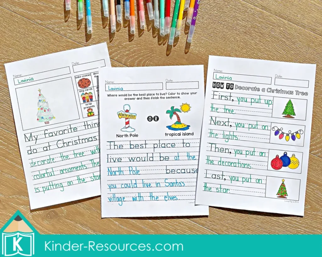 December Writing Journal Prompts student samples including Christmas favorites writing, North Pole opinion writing, and how to decorate a Christmas tree procedural writing.