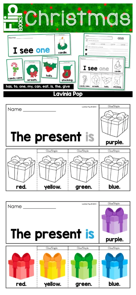Christmas Sight Word Fluency Flip Books featuring present color pages for the sight word “is,” including color options red, yellow, green, and blue with matching recording sheets for sentence writing.