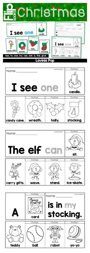 Christmas Sight Word Fluency Flip Books featuring early reader pages for the sight words “one” and “can,” with Christmas themed pictures such as candy cane, wreath, holly, stocking, and elf actions including sit, wave, and ice skate.