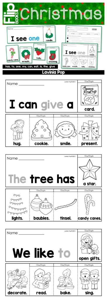 Christmas Sight Word Fluency Flip Books featuring pages for the sight words “give” and “the,” including Christmas vocabulary such as hug, cookie, smile, present, lights, baubles, tinsel, and candy canes.