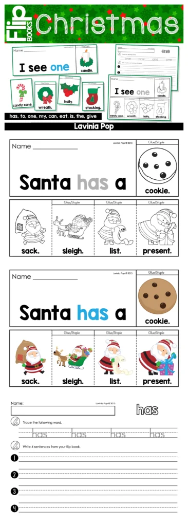 Christmas Sight Word Fluency Flip Books featuring Santa themed pages for the sight word “has,” including options such as sack, sleigh, list, and present with a matching recording sheet for writing practice.