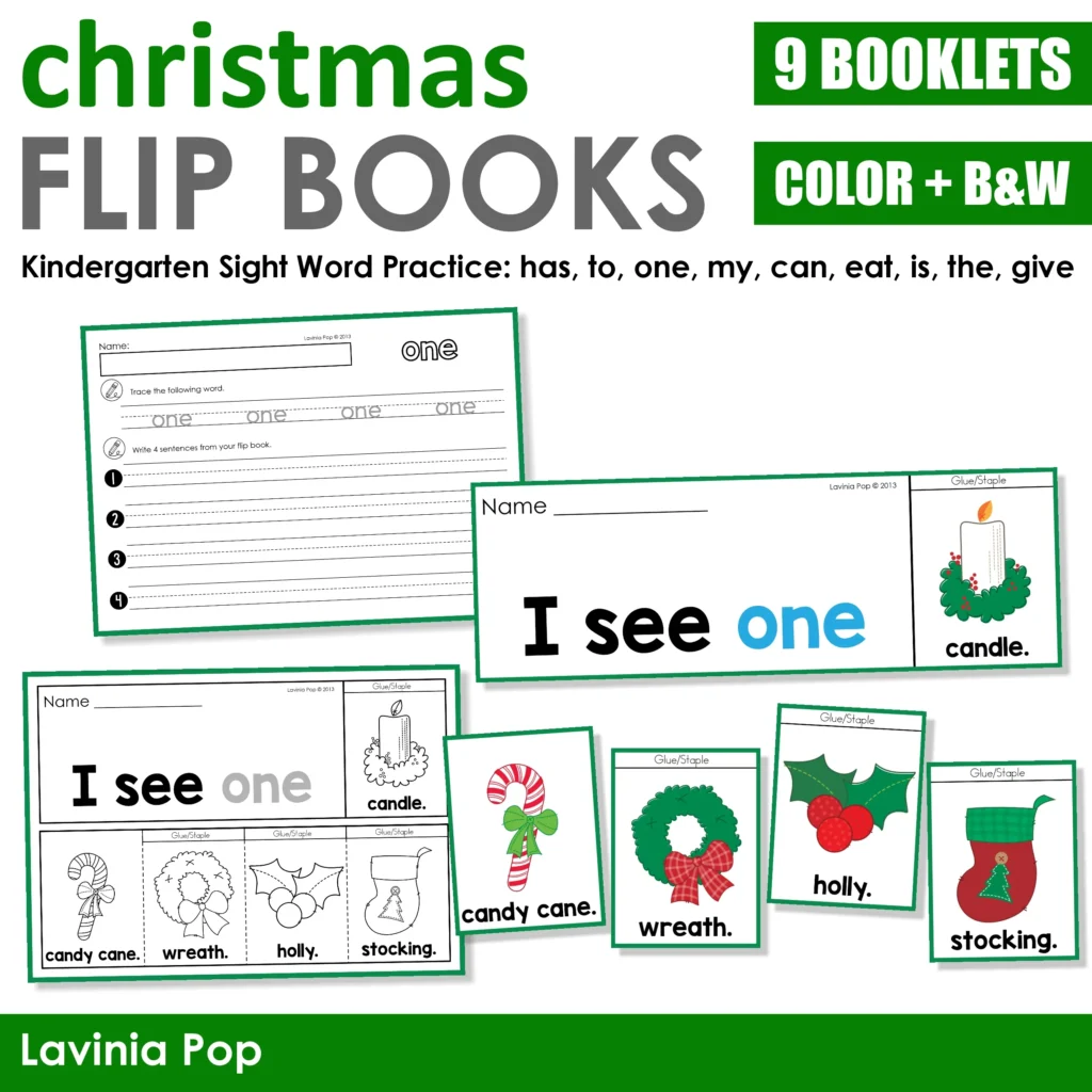 Christmas Sight Word Fluency Flip Books cover featuring sample pages for practicing sight words has, to, one, my, can, eat, is, the, and give through Christmas themed emergent reader flip books.