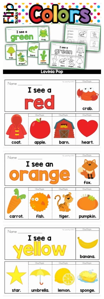 Colors Flip Book Emergent Readers featuring red, orange, and yellow booklets with matching picture pages.