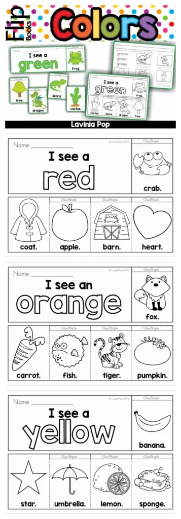 Colors Flip Book Emergent Readers black and white versions for red, orange, and yellow booklets.