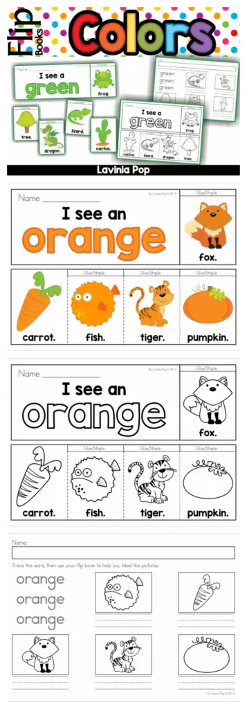 Colors Flip Book Emergent Readers orange page with carrot, fish, tiger, and pumpkin word and picture cards.