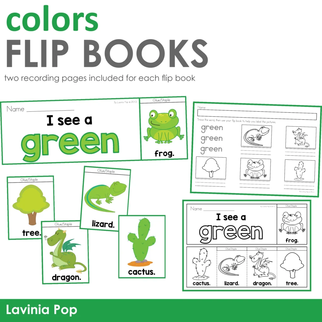 Colors Flip Book Emergent Readers with green sample pages and color word activities for early readers.