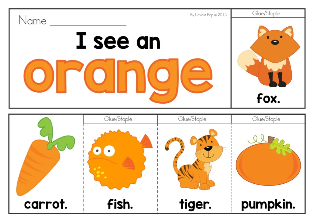 Colors Flip Book Emergent Readers orange booklet with carrot, fish, tiger, and pumpkin pages.