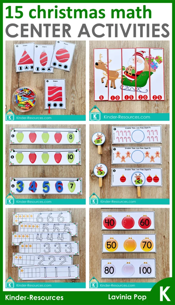 Christmas Math Centers for Kindergarten with fifteen printable math activities for counting, comparing numbers, shapes, patterns, and number sequencing