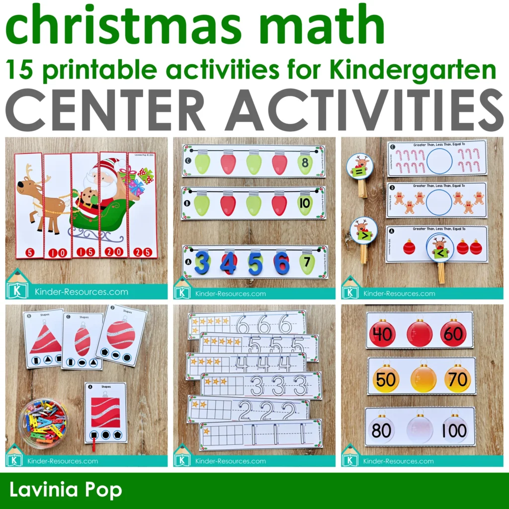 Christmas Math Centers for Kindergarten with ornament shape cards, counting puzzles, number sequences, and greater than less than activities for December math learning