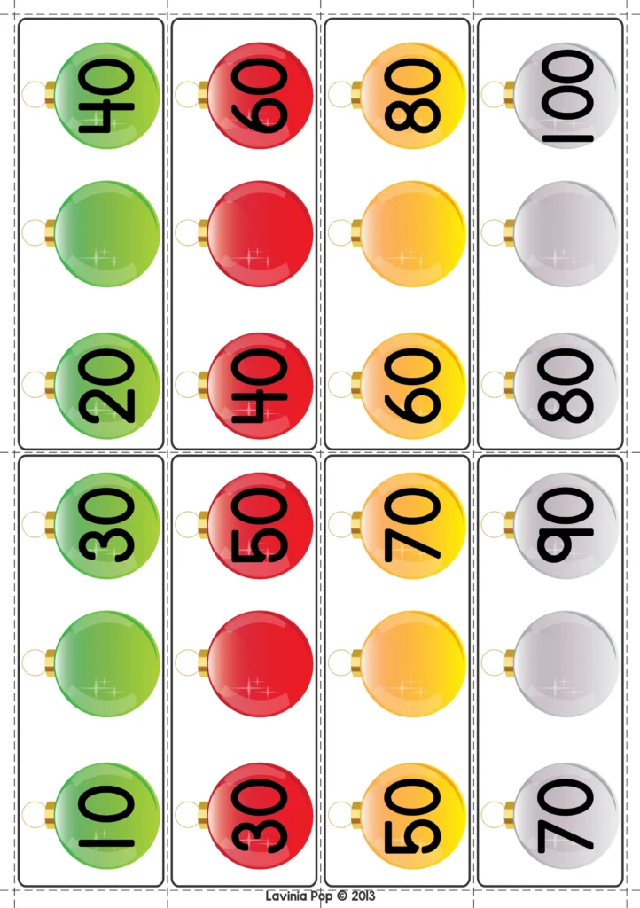 Christmas Math Centers for Kindergarten skip counting ornaments labeled 10 through 100 in Christmas colors