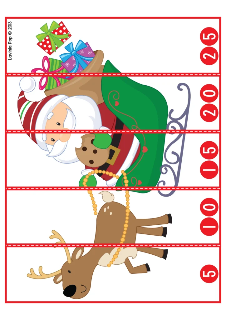 Christmas Math Centers for Kindergarten skip counting puzzle with Santa and reindeer picture strips labeled 5 to 25