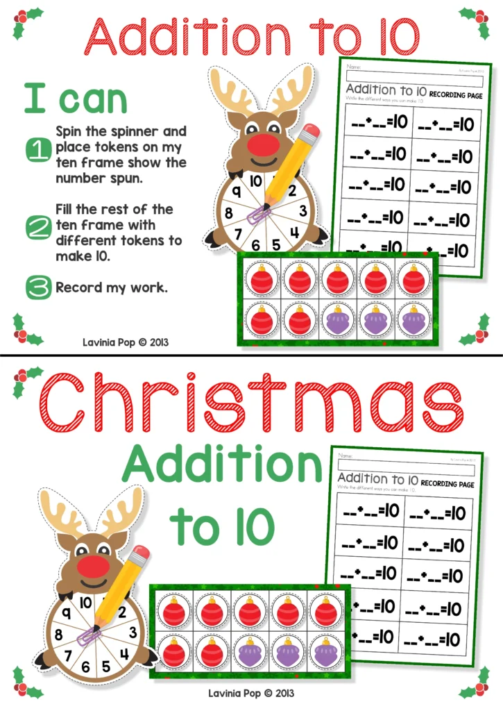 Christmas Math Centers for Kindergarten addition to 10 activity with reindeer spinner, ten frame ornaments, and recording page