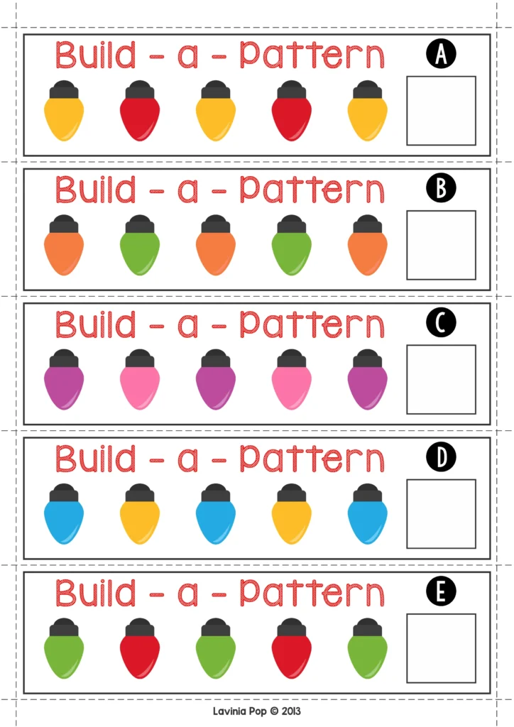 Christmas Math Centers for Kindergarten pattern building cards with Christmas light sequences and empty answer boxes