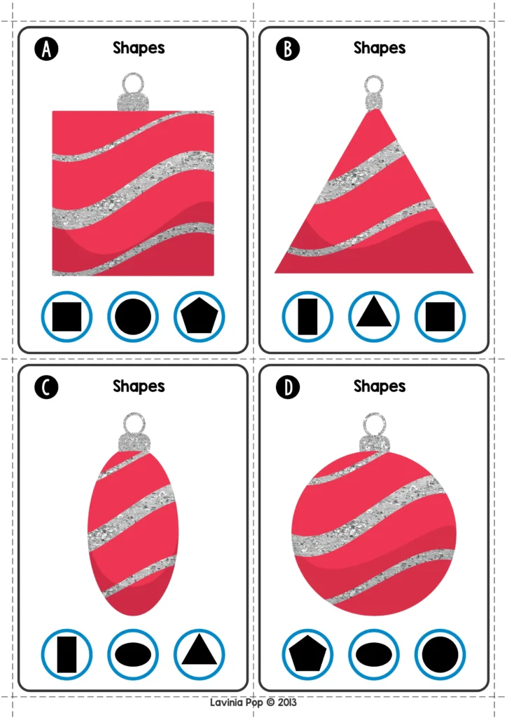 Christmas Math Centers for Kindergarten shape identification cards with ornament shapes including square, triangle, oval, circle,