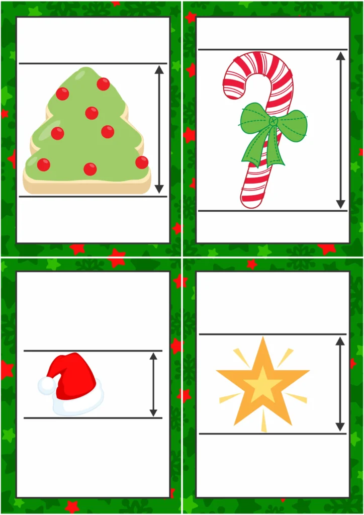 Christmas Math Centers for Kindergarten non standard measurement cards with Christmas tree cookie, candy cane, Santa hat, and star images